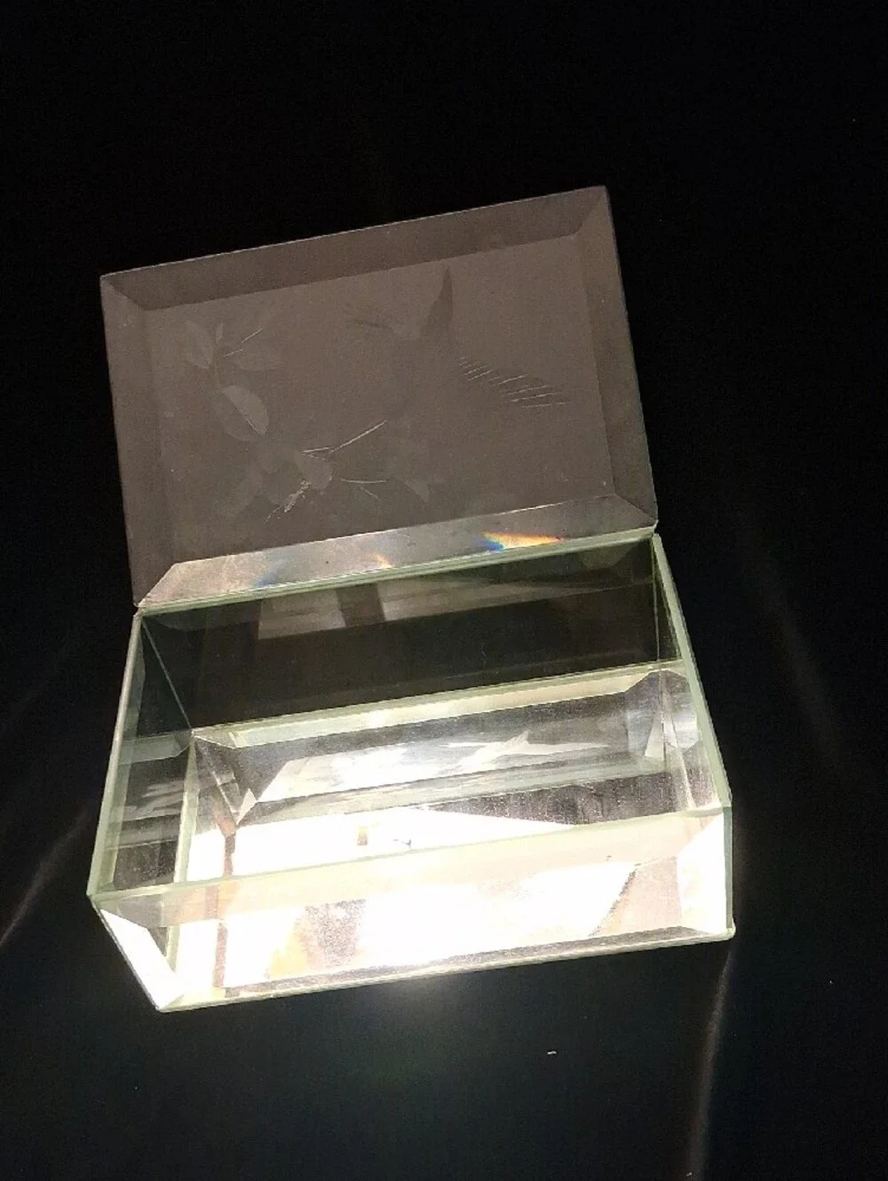 Vintage Etched Glass Jewelry Box with Hummingbird Design